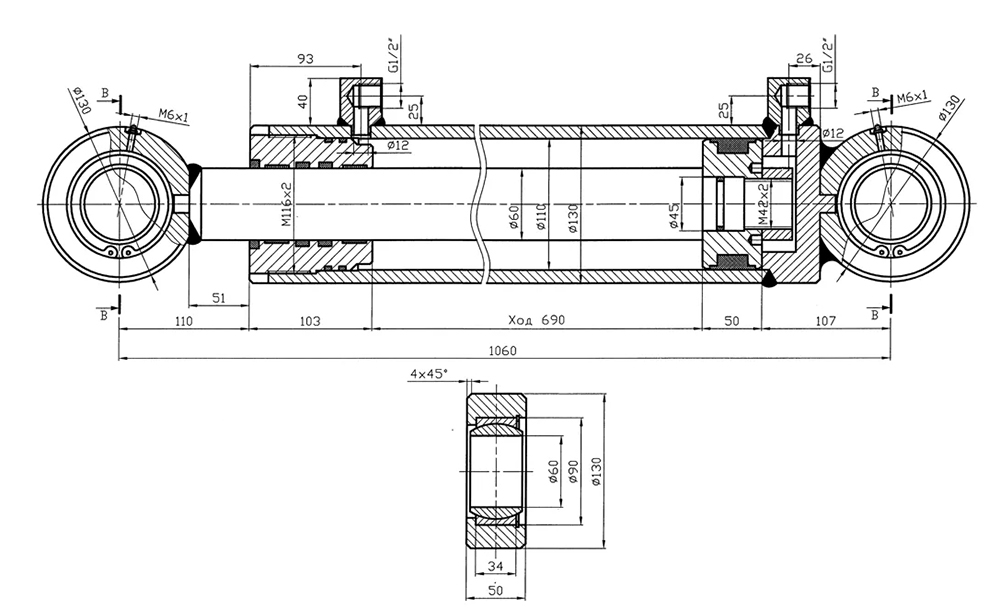 Чертеж гидроцилиндра в разрезе